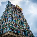 Beautiful view of the gopuram (tower) of Masani Amman Temple in Anaimalai, Pollachi, Coimbatore district of Tamil Nadu state, India.