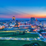 Winston-Salem North Carolina NC Downtown Skyline Aerial at Sunset.