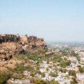 India. Gwalior Fort (8th century) in the central Indian state of Madhya Pradesh. Built on an isolated hillock overlooking the Gwalior town.One of the biggest forts in India.